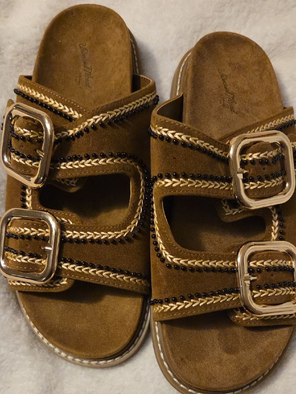Suede Double-Buckle Slide Sandals in Brown